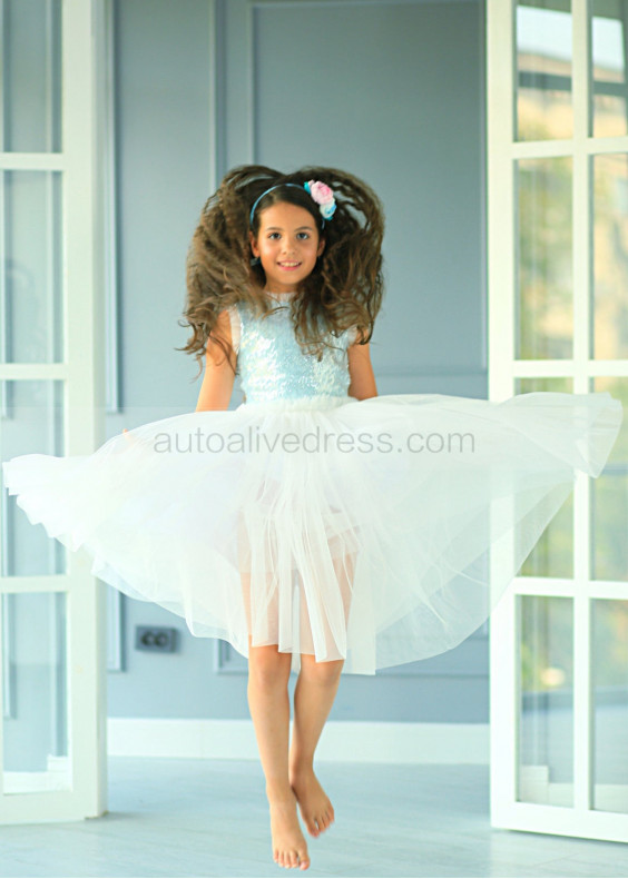 Blue Sequin Ivory Tulle V Back Flower Girl Dress